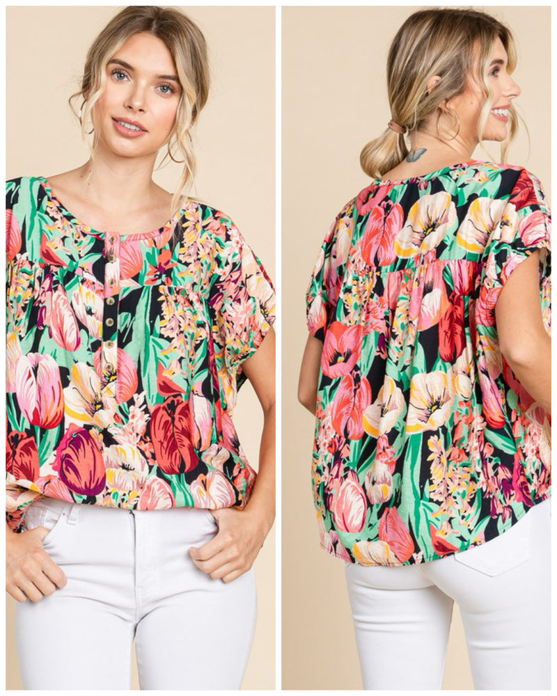 Floral Print Top With Button Partial Button Up