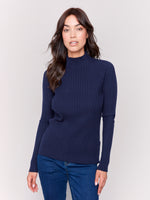 Charlie B Navy Long Sleeve Top With Mock Neck