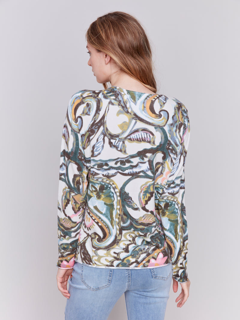 Charlie B Light Weight Sweater Peacock Print