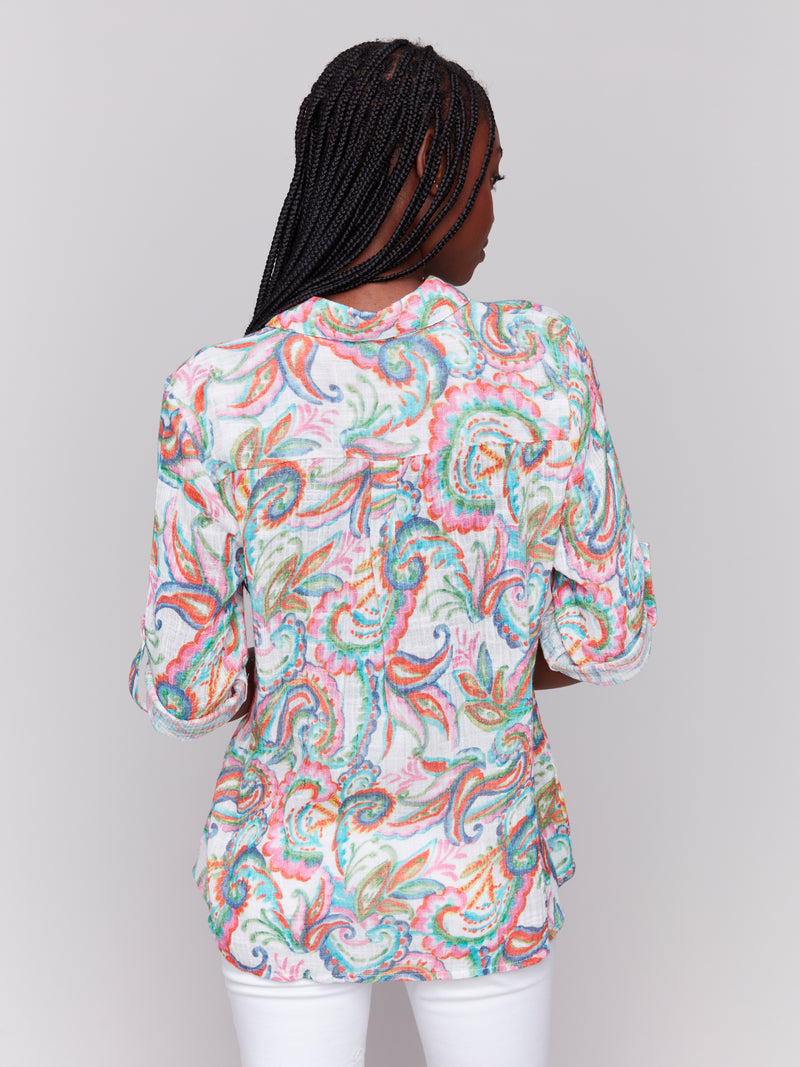 Charllie B Canrival Print 3/4 Sleeve Linen Blouse