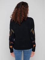 Charlie B Black Mock Neack Sweater With Embroidered Flowers