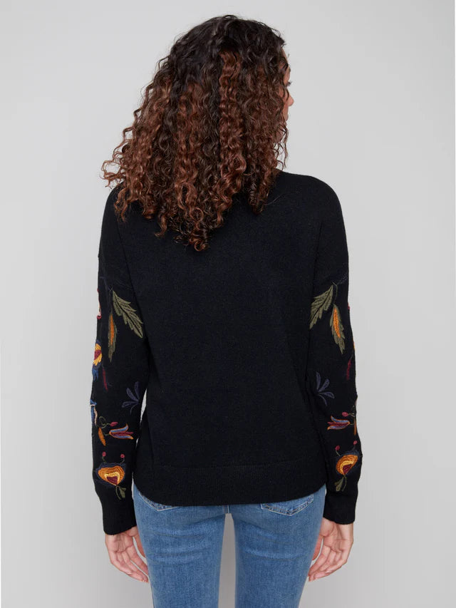 Charlie B Black Mock Neack Sweater With Embroidered Flowers