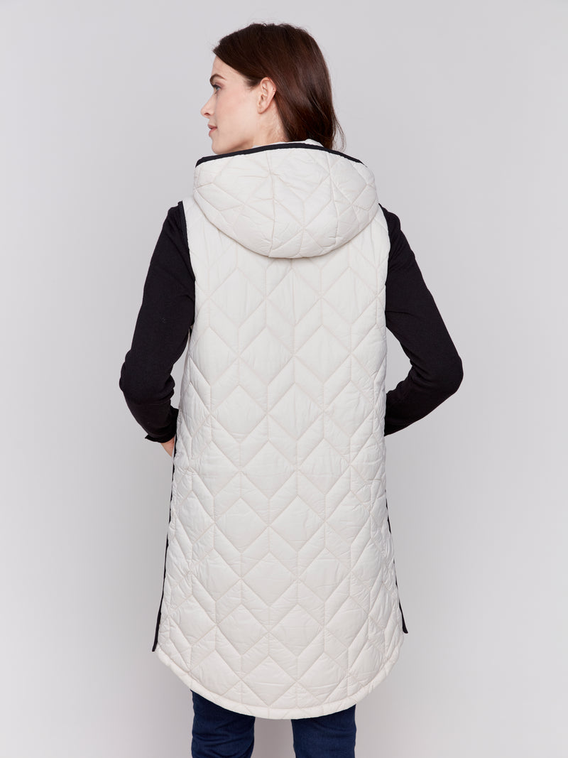 Charlie B Long Quilted Hooded Vest Almond