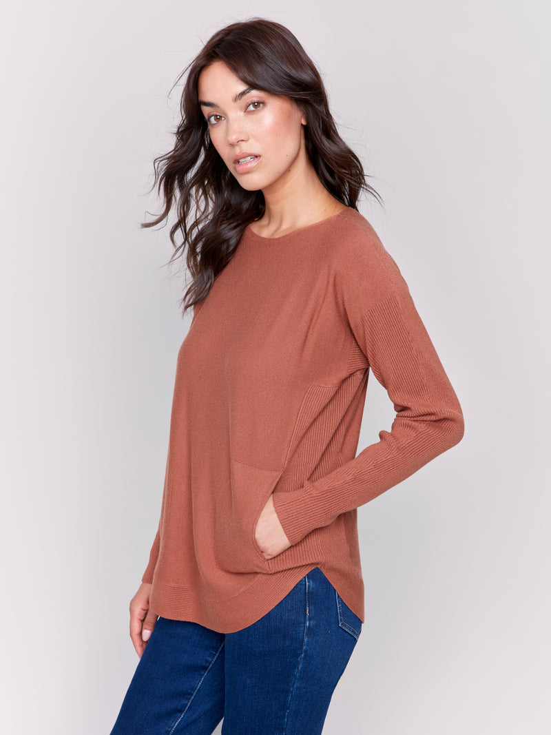 Charlie B Light Weight Sweater With Front Pockets And Back Eyelet Detail Terracotta