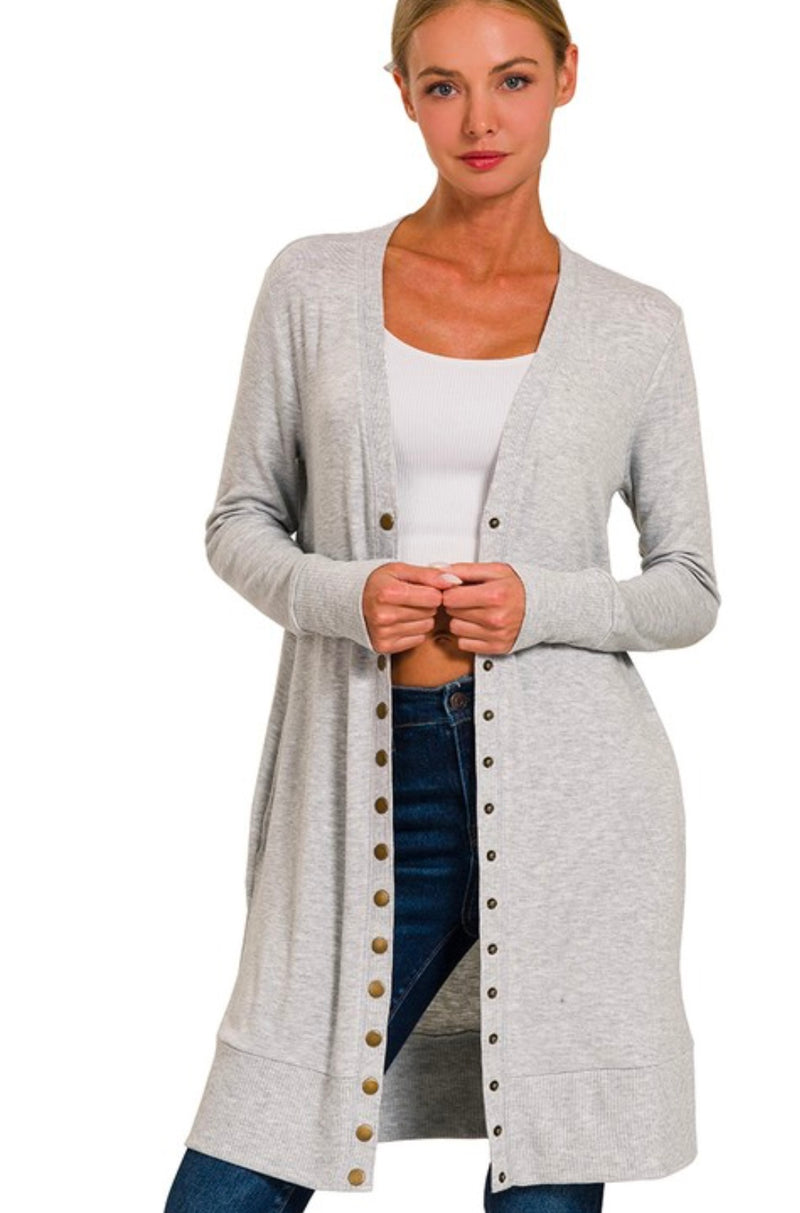 Long Snap Up Cardigan Super Soft Heather Grey