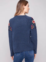 Charlie B Denim Sweater With Embriodered Flower Design