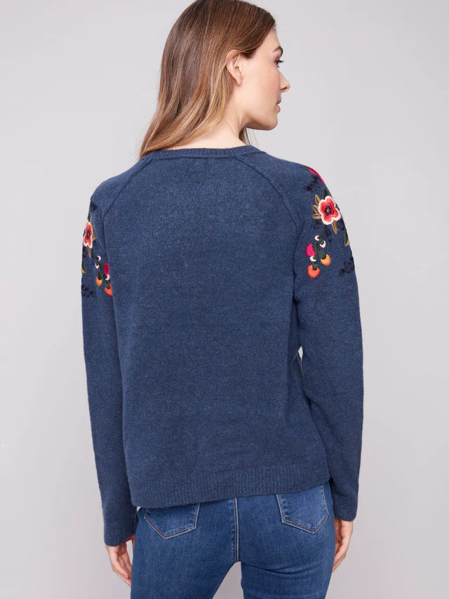 Charlie B Denim Sweater With Embriodered Flower Design