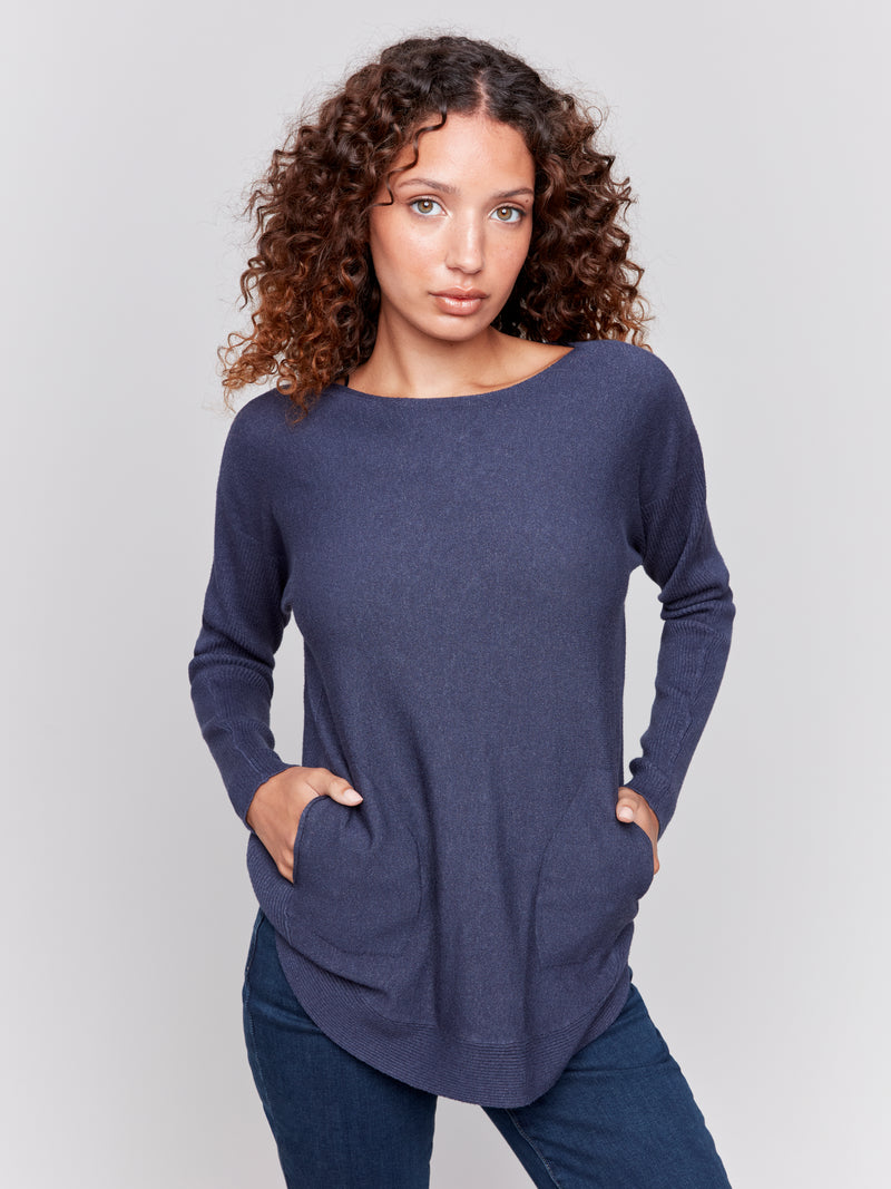 Charlie B Light Sweater With Eyelet Back Detail Denim