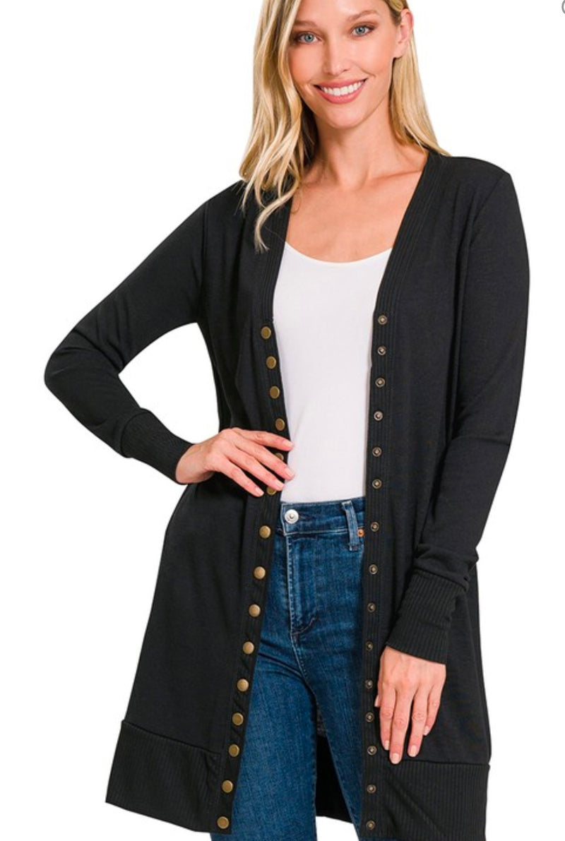 Long Snap Up Cardigan Super Soft Black