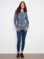 Charlie B Printed Long Sleeve Sweater Calicot Blue