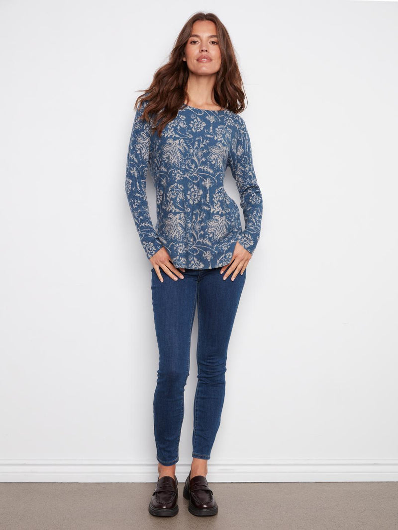 Charlie B Printed Long Sleeve Sweater Calicot Blue
