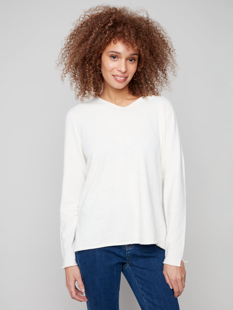 Charlie B Light Weight V Neck Sweater Ecru