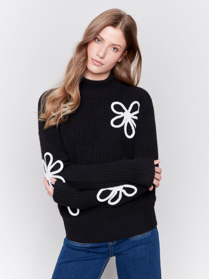 Charlie B Black With White Flowers Sweater