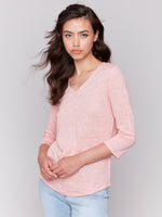 Charlie B Sparkle V Neck Top 3/4 Sleeve Pink