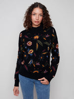 Charlie B Black Mock Neack Sweater With Embroidered Flowers
