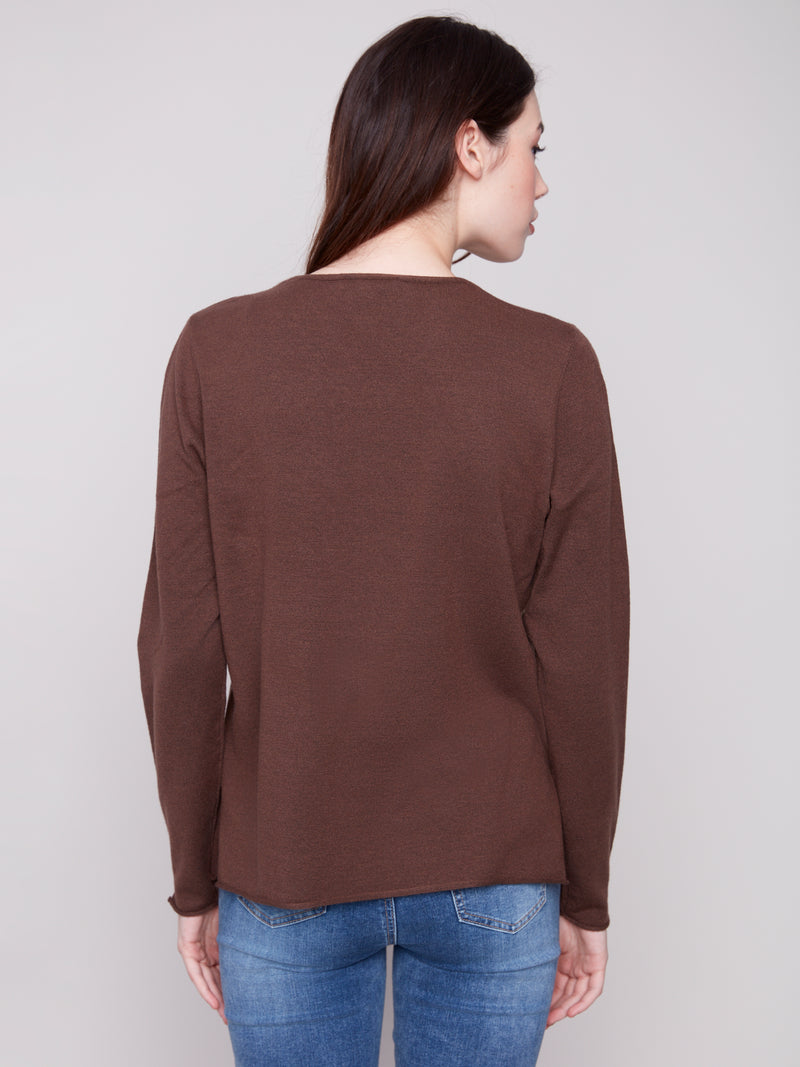 Charlie B Mocha V Neck Light Weight Knit Sweater