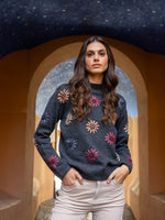 Charlie B Mock Neck Charcoal Sweater With Embroidery