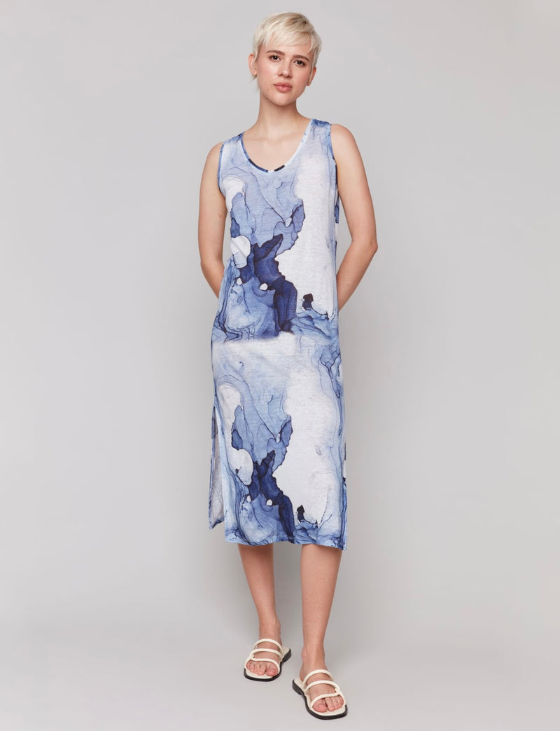 Charlie B Sleeveless Mid Calf Blue Watercolour Dress