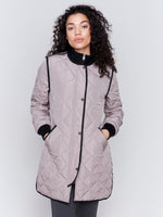 Charlie B Quilted Long Zip Up Jacket Taupe