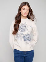 Charlie B Mock Neck Oatmeal Sweater With Navy Flower Print