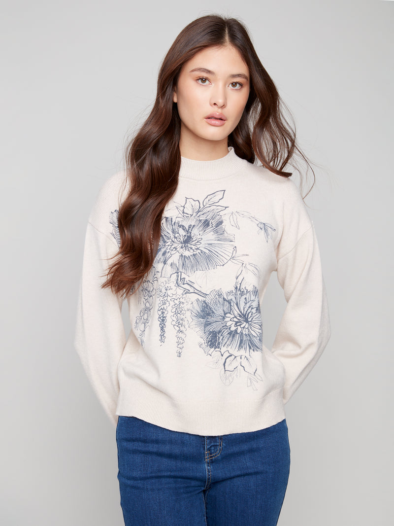 Charlie B Mock Neck Oatmeal Sweater With Navy Flower Print