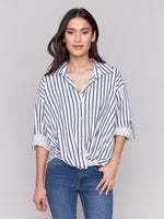 Charlie B Blue Vertical Striped Blouse With Front Bunch