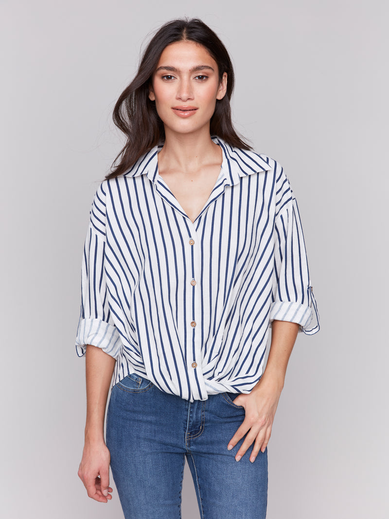 Charlie B Blue Vertical Striped Blouse With Front Bunch